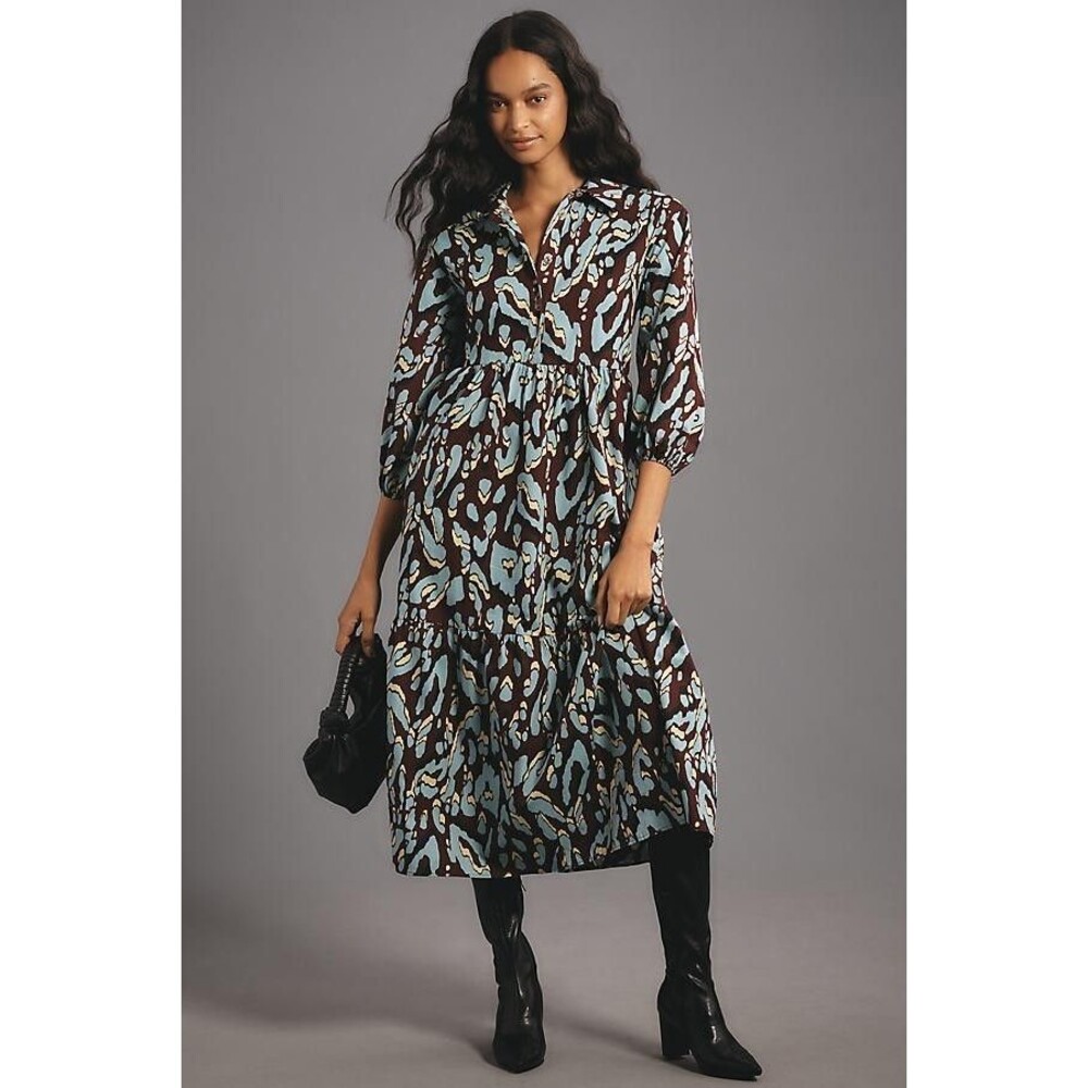 Maeve Anthropologie The Bettina Tiered Shirt Dress Multi Cotton Boho Raspberry